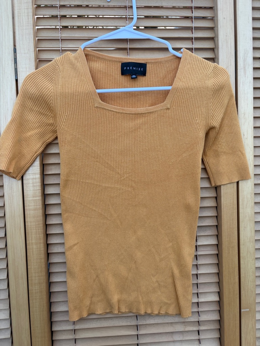 Premise Mustard Ribbed Square Neck Short-Sleeve Sweater